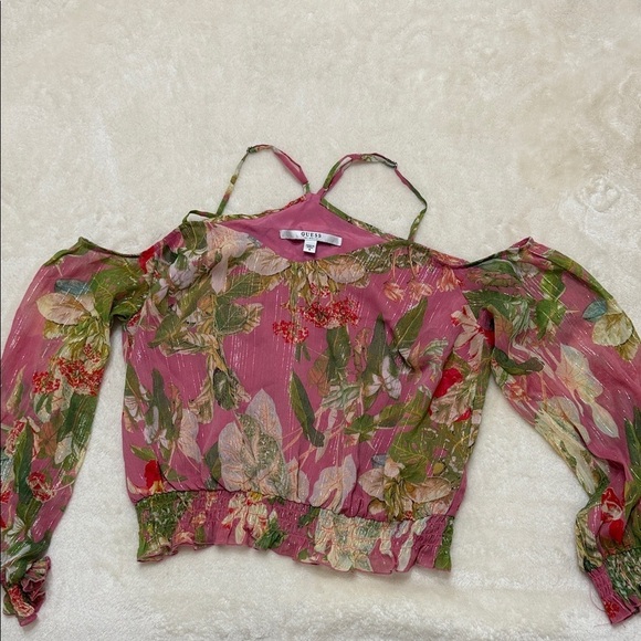 Guess Tops - Guess Pink and Green Floral Cold-Shoulder Blouse